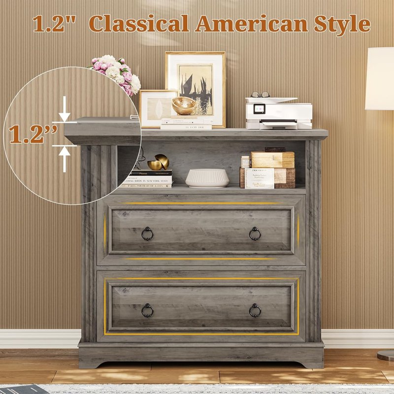 Farmhouse Style 2-Drawer File Cabinet with Printer Stand and Storage Shelf - Grey