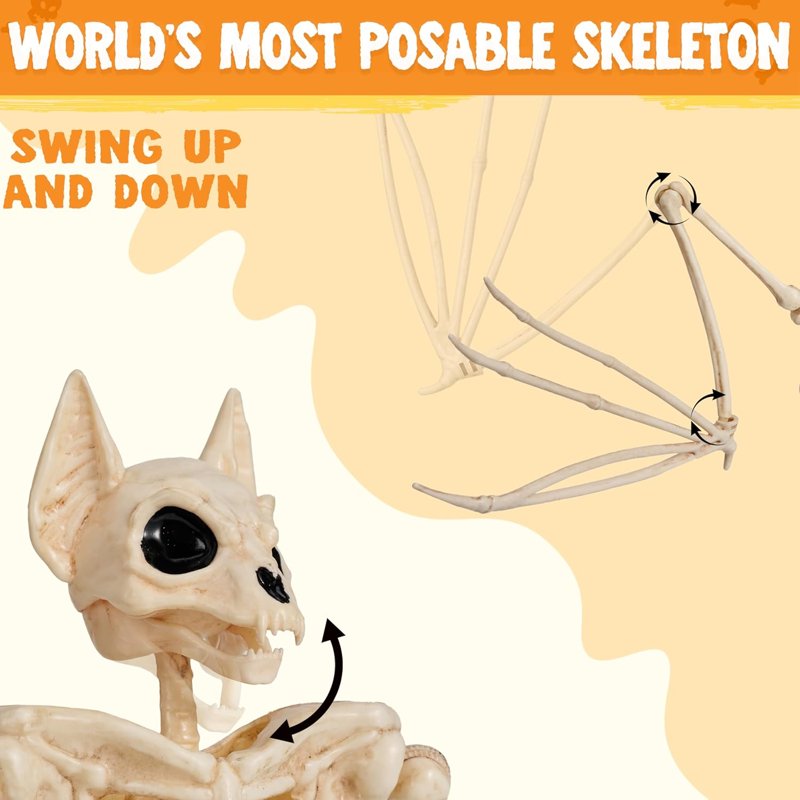 Joyfy 11in Bat Skeleton Halloween Decoration - Posable Plastic Animal for Indoor & Outdoor