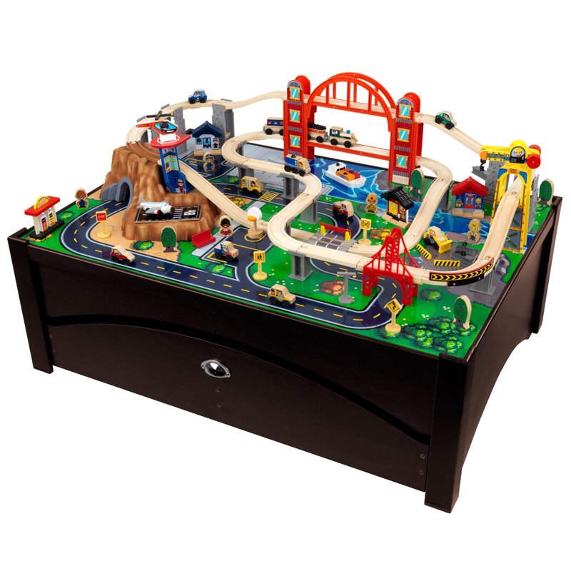 Wooden Train Set & Table with 100 Pieces Storage Drawer Kids Play