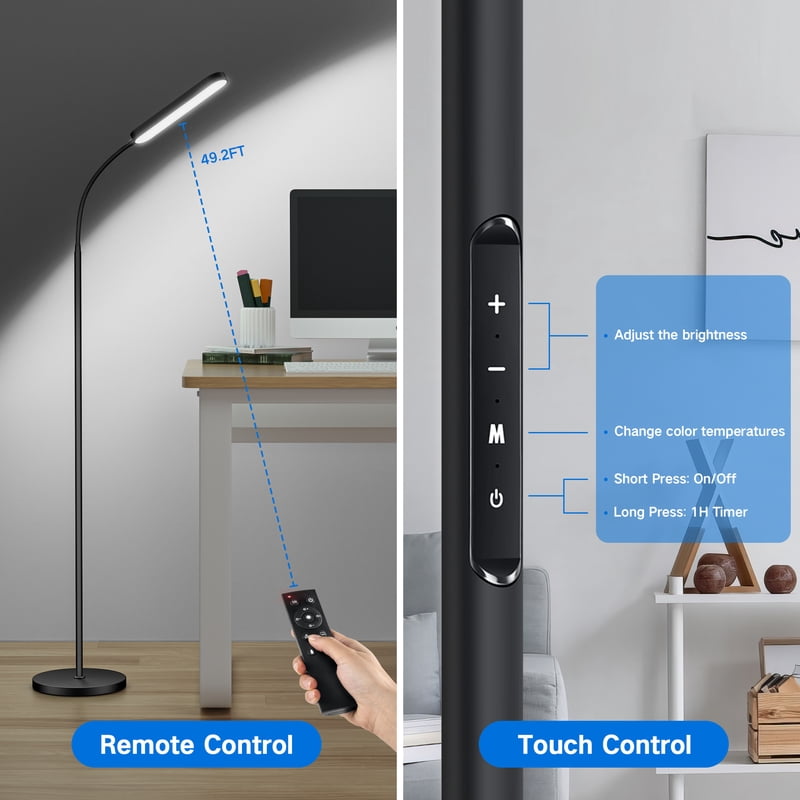 LED Floor Lamp with Remote and Touch Control, Dimmable Brightness, 4 Color Temperatures, Adjustable Gooseneck for Living Room Bedroom Office