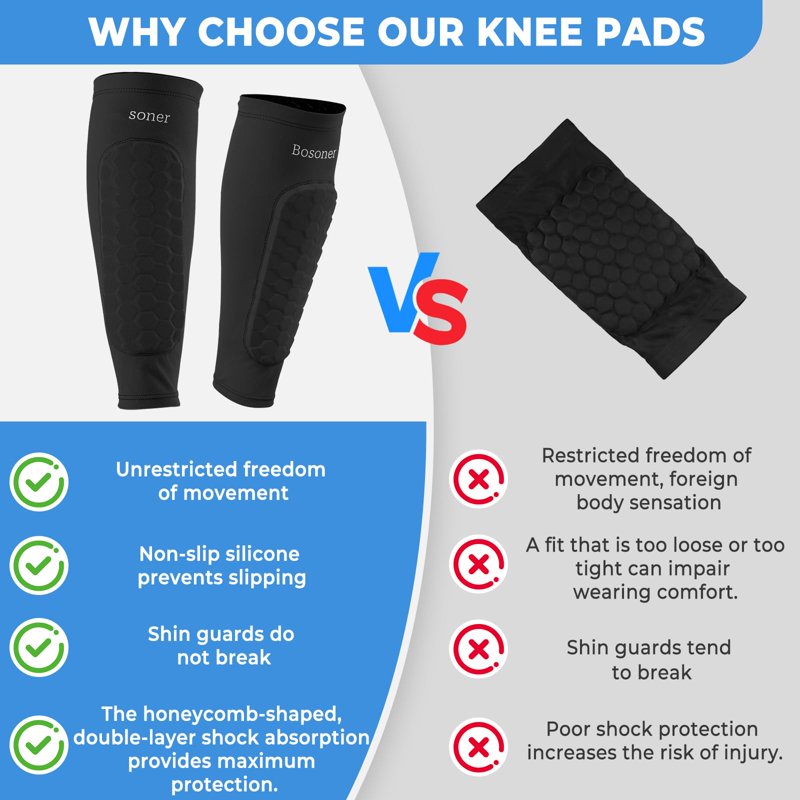 XL Black Bosoner Soccer Shin Guards for Kids - Non-Slip Calf Sleeve with Honeycomb Pads
