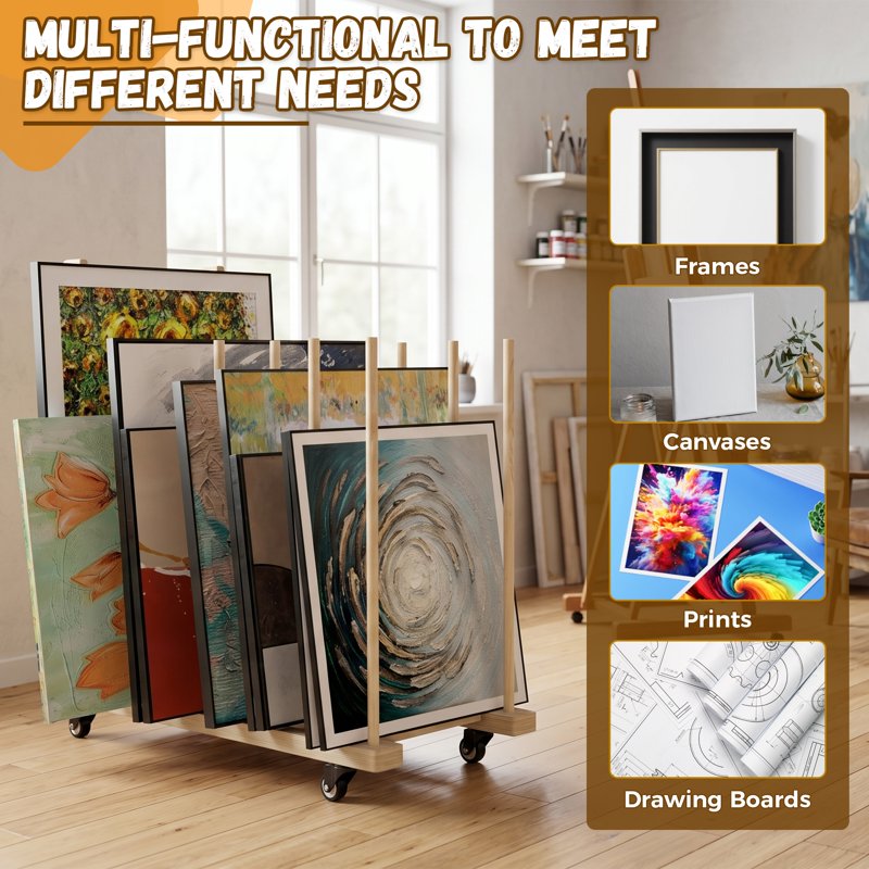 Wooden Art Storage Rack with Casters for Canvas & Artwork - 31.5 x 14.2 in