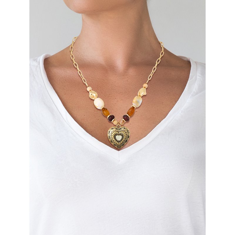 Jessica Simpson Gold-Tone Heart Necklace with Bead Details - Women's Jewelry