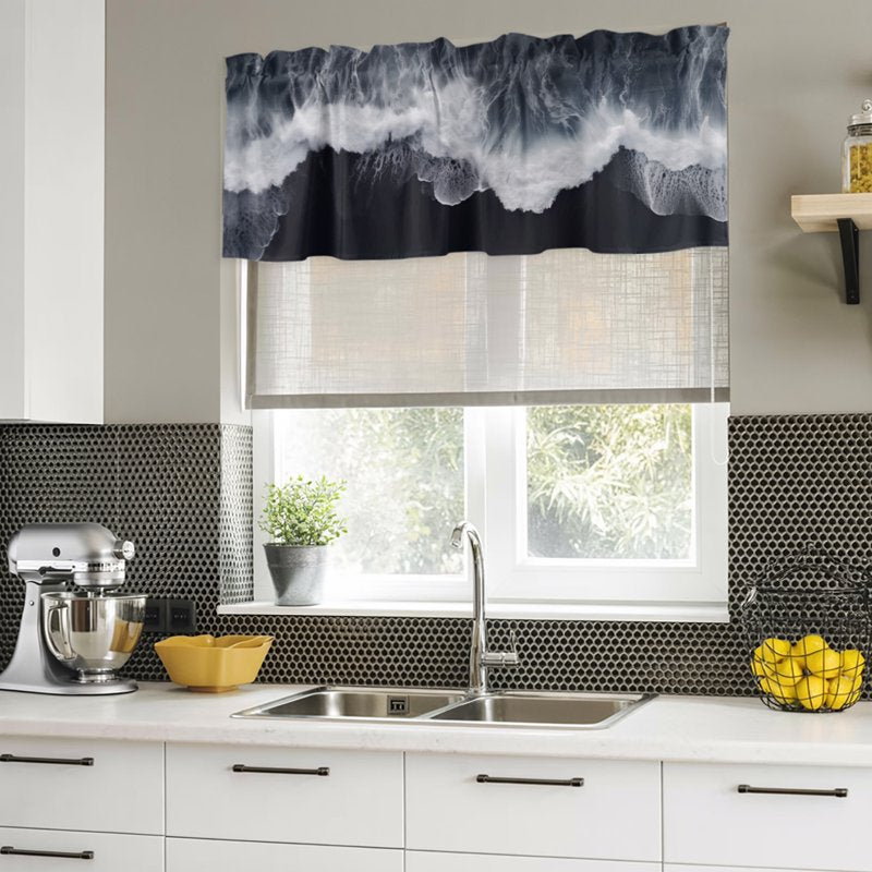 Black Coastal Window Valances Set - Light Filtering Kitchen Curtain Panels, Rod Pocket Short Window Treatments for Living & Bedroom