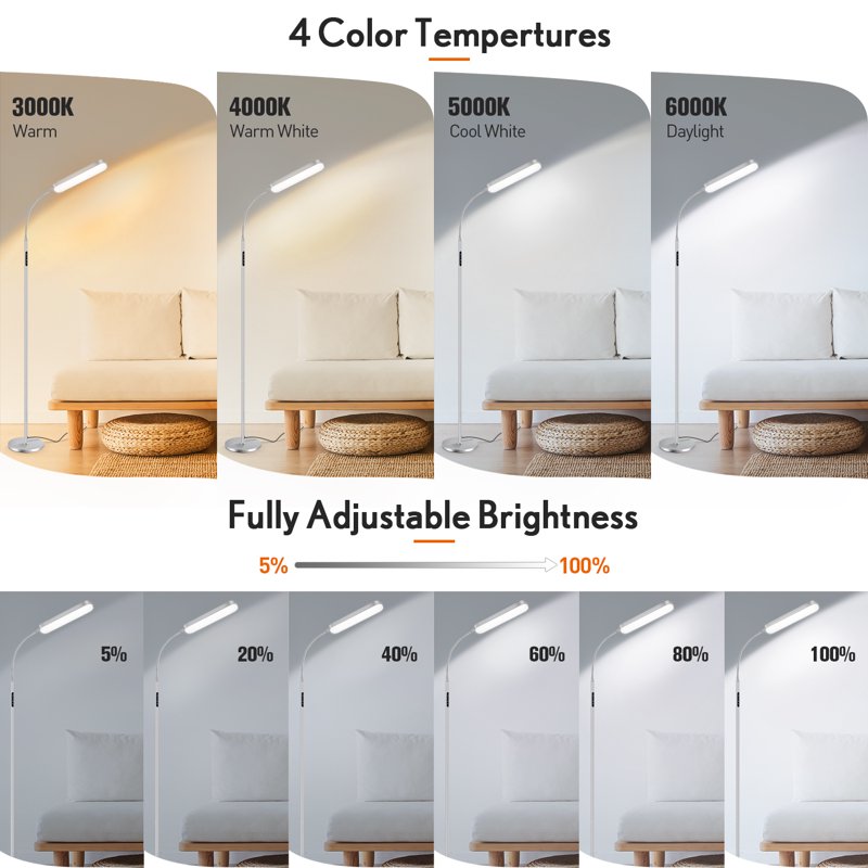 Adjustable LED Floor Lamp with Remote & Touch Control, 4 Color Temps - Silver