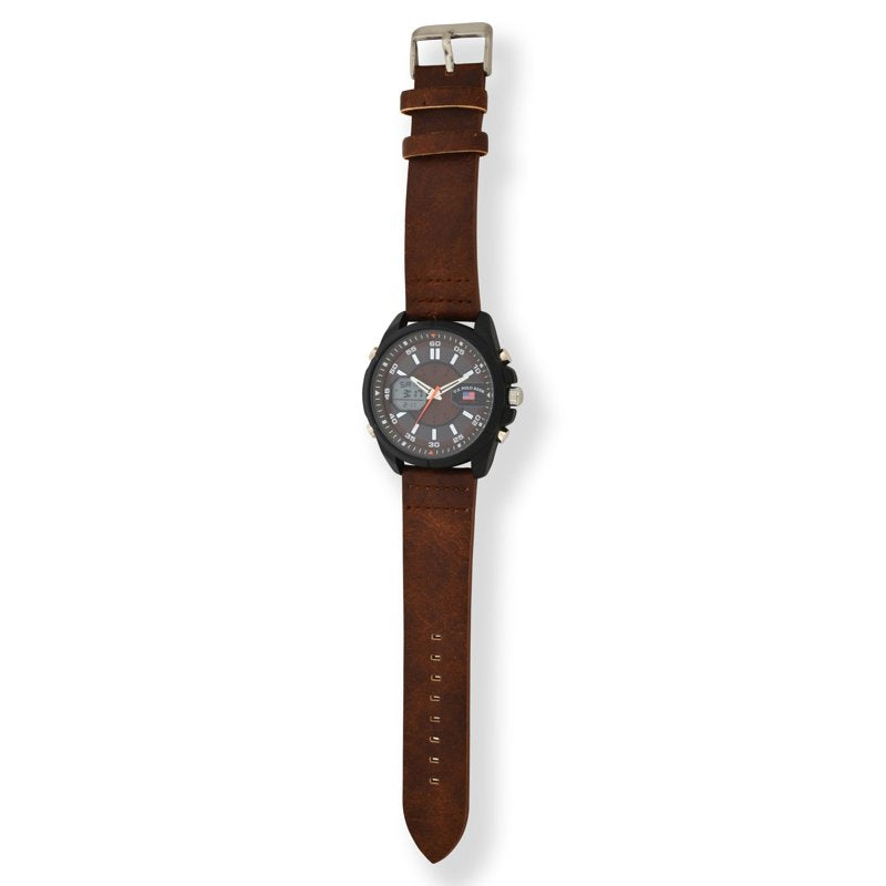 Men's Analog Digital Watch with Brown Strap - Black Quartz Sport Watch
