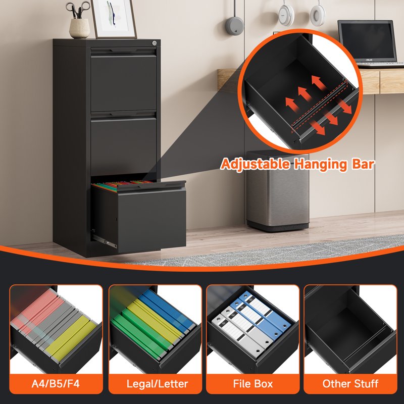 3 Drawer Metal File Cabinet with Lock, Vertical Steel Office Storage