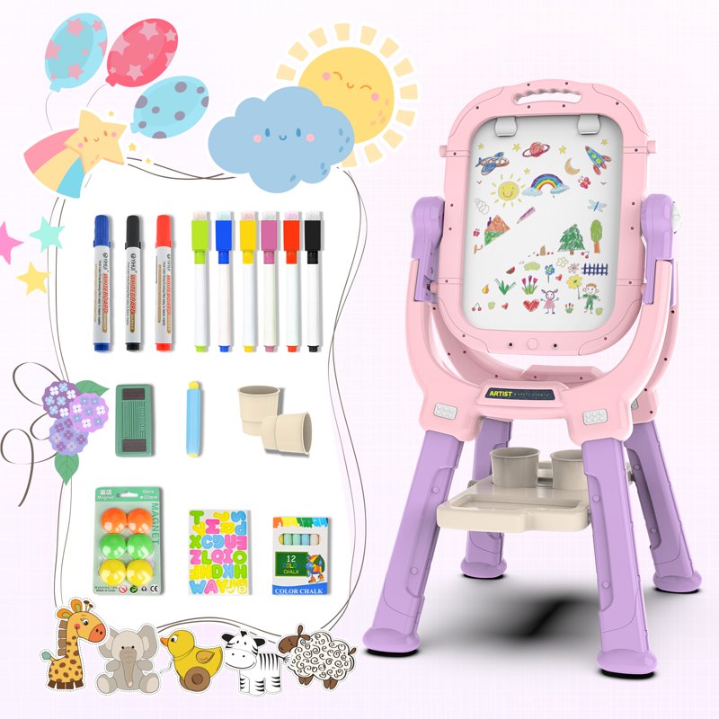 Kids Art Easel for Drawing & Painting - Adjustable Double-Sided Magnetic Whiteboard & Chalkboard, Creative Toddler Art Station