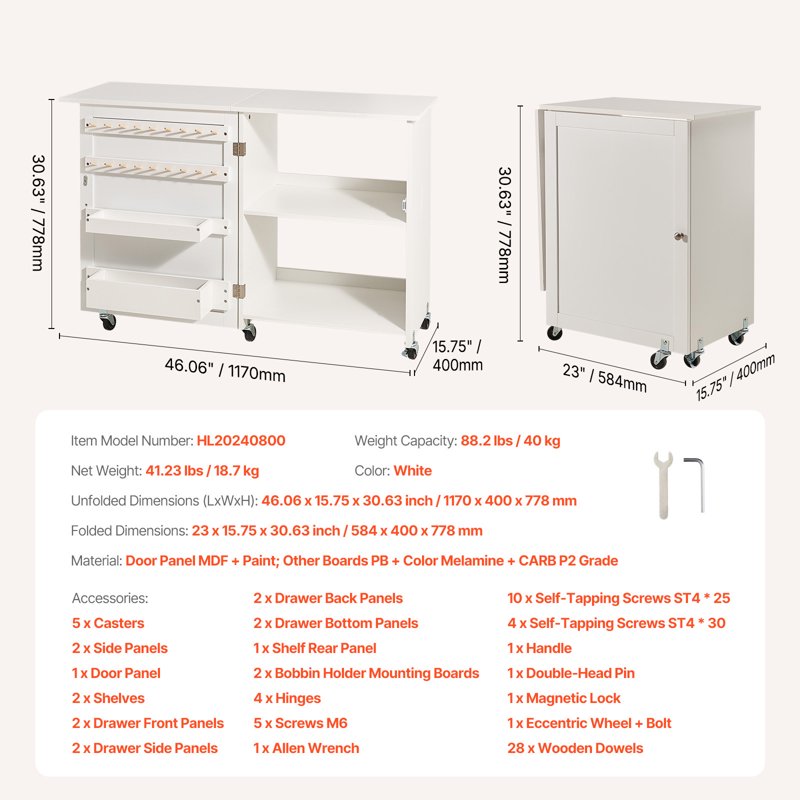 Multi-Functional Folding Sewing Table with Storage and Casters