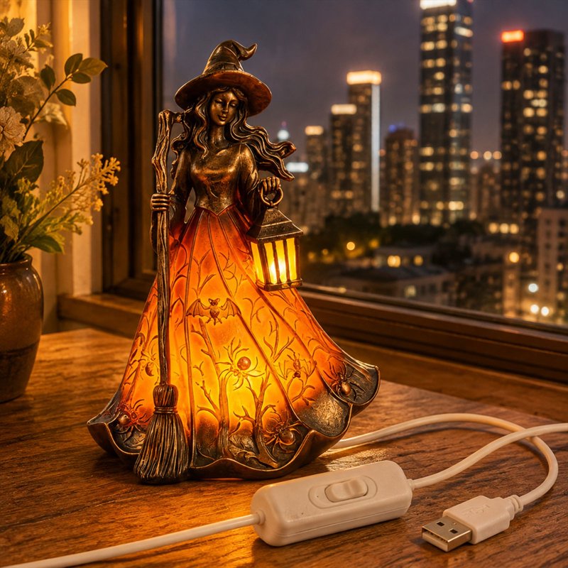 Halloween Witch Figurine Lamp with Broom, Resin Night Light - USB Powered Tabletop Decor (Variation E)