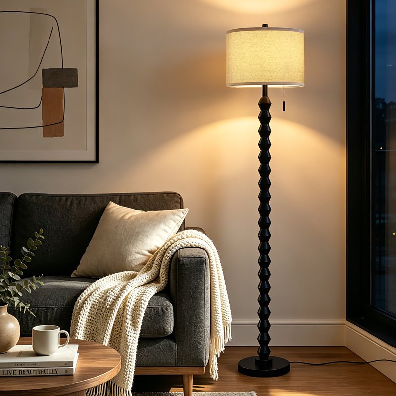 Modern 65-Inch Solid Wood Floor Lamp with Linen Shade & Pull Switch - Black, White, Walnut Variants