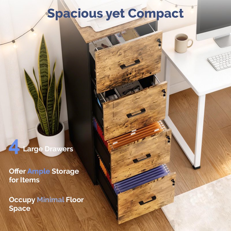 Wood Lateral File Cabinet with Lock for Home Office - Adjustable & Lockable, Brown
