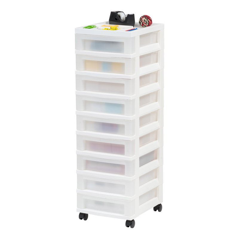 9-Drawer Plastic Storage Cart with Organizer Top and Casters - White