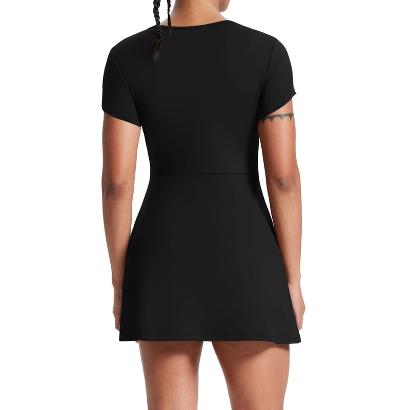 Women's Athletic Tennis Dress with Built-in Shorts & Pockets - Square Neck Short Sleeve Activewear