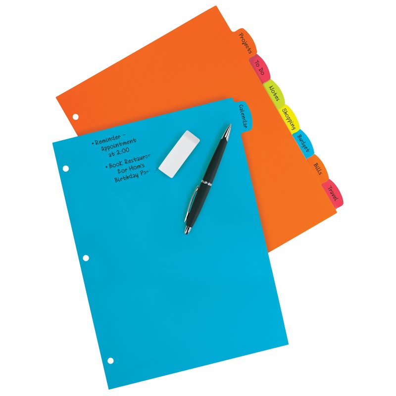 Write & Erase Plastic Dividers with Big Tabs - 8 Bright Reusable Binder Sections