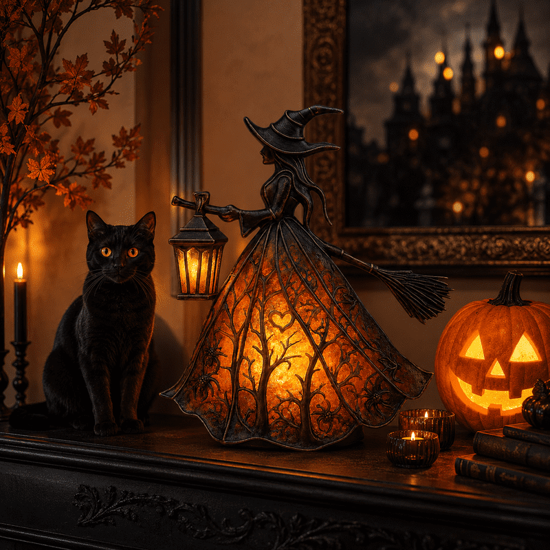 Halloween Witch Lamp 7 Inch Resin Statuette Night Light - Gothic Decor with Battery Variation: Witch Lamp with Battery
