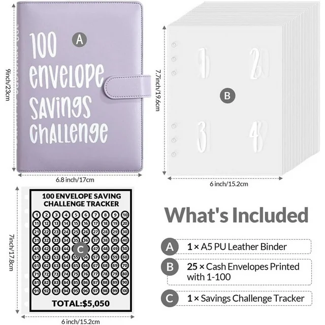 Money Saving Challenge Binder with Cash Envelopes - 100 Envelopes Set for Budgeting and Goal Tracking