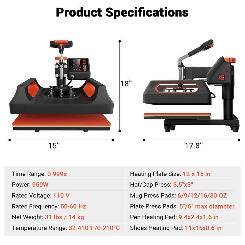 11-in-1 Heat Press Machine for T-Shirts Mugs Hats with Digital LCD