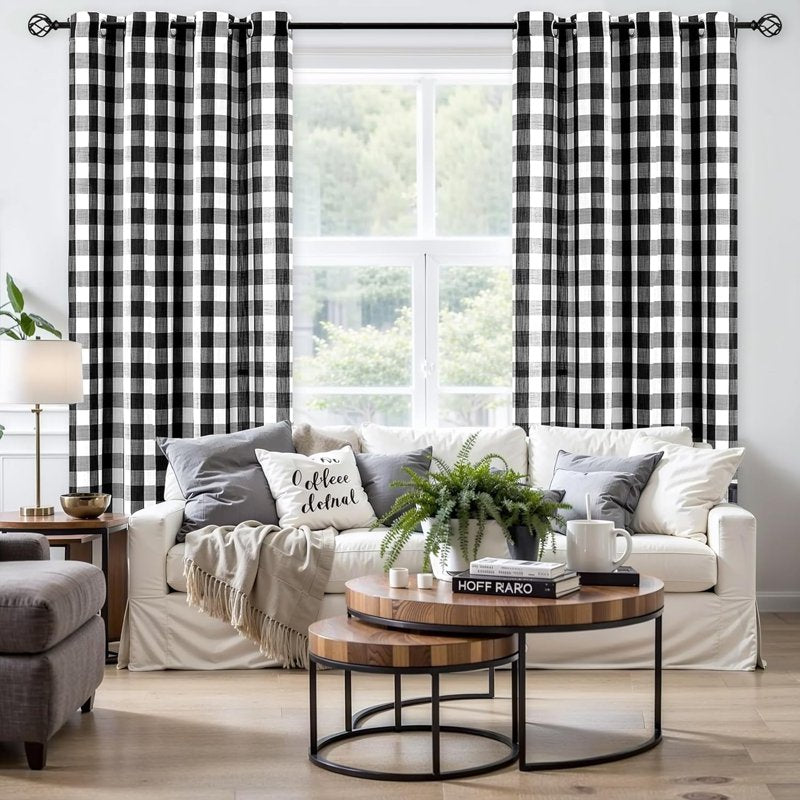Buffalo Check Semi Sheer Gingham Curtain Panels Farmhouse Window Drapes 52x63