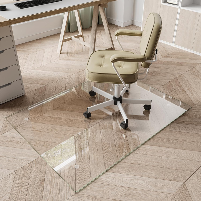 Tempered Glass Office Chair Mat for Carpet & Hardwood Floors — Clear, Protects Surfaces
