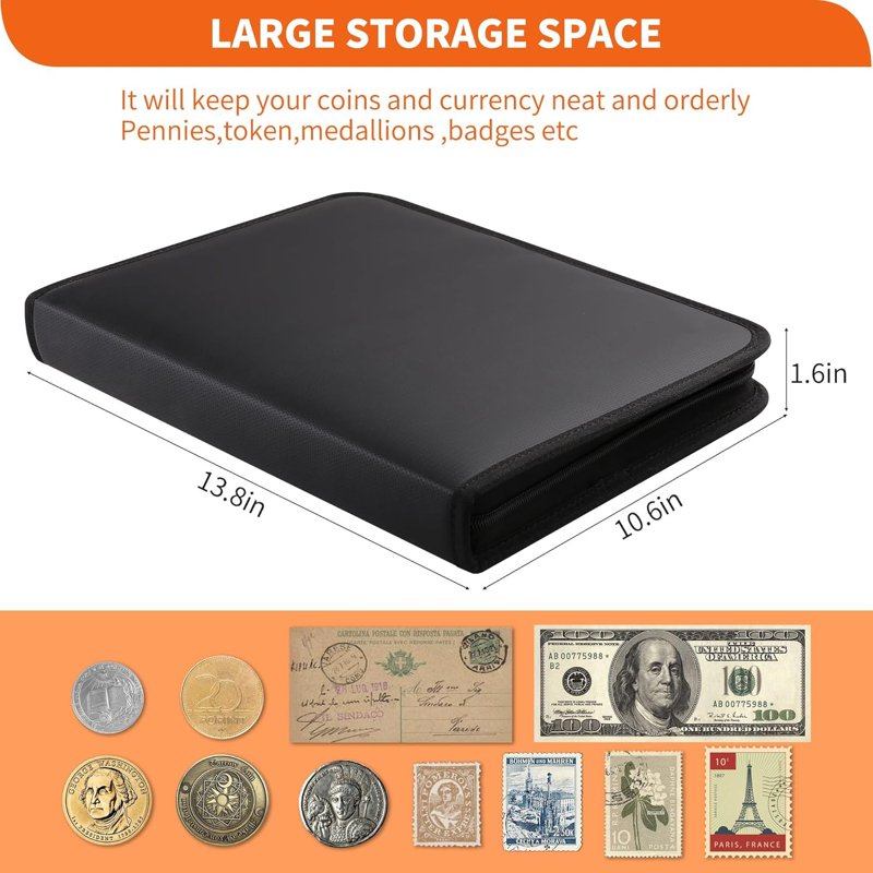 Fireproof Coin Collection Book - Holds 300 Coins & 36 Currency Sleeves, Fire-Resistant Storage Case for Collectors