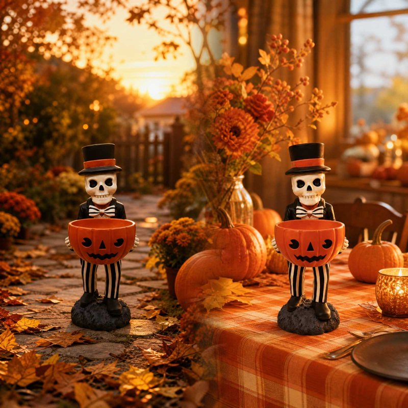 Outdoor Halloween Skeleton Candy Bowl Statue - Resin Pumpkin Dish with Top Hat & Bow Tie, 11 Inch Yard Decor