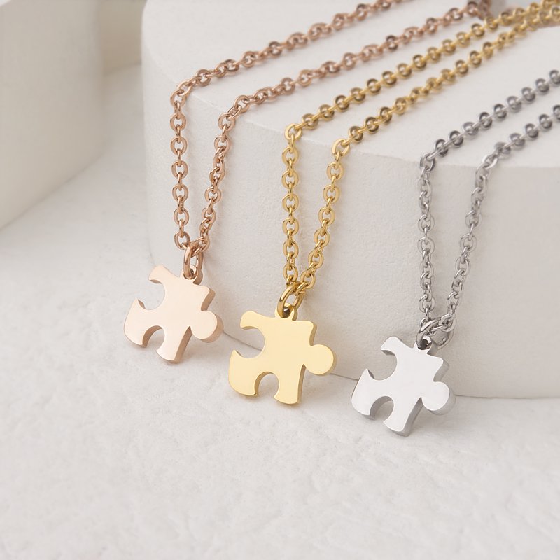 Tiny Puzzle Piece Couple Necklace - Anniversary Gift - Stainless Steel Jewelry for Women