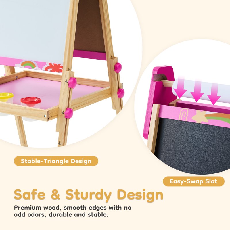 Kids Art Easel with Magnetic Boards & Paper Roll - Adjustable Wooden Toddler Drawing Gift