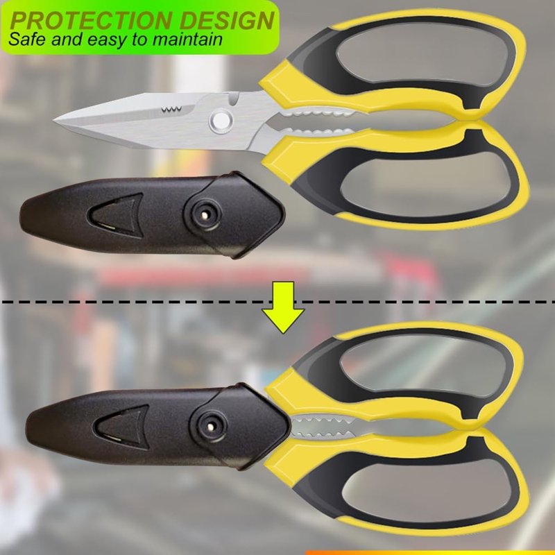 Yellow 8-Inch Heavy Duty Scissors with Protective Cover – Stainless Steel Serrated Shears