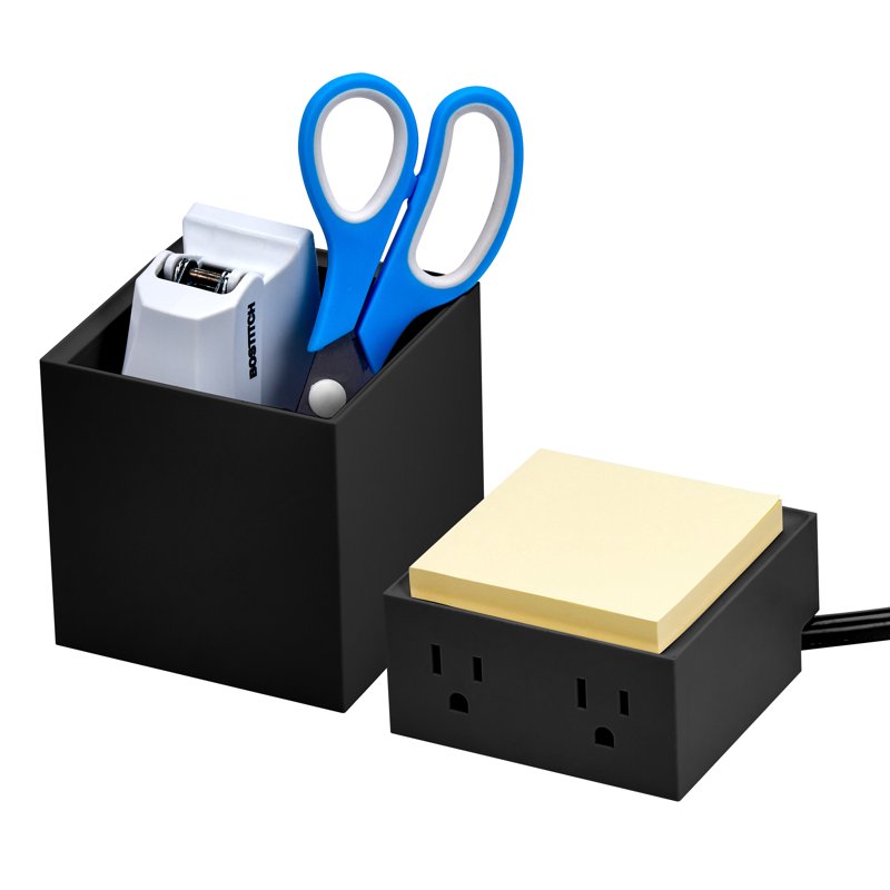 Desktop Power Outlet & Pencil Organizer Kit - 2 Outlets, Storage Tray, Black
