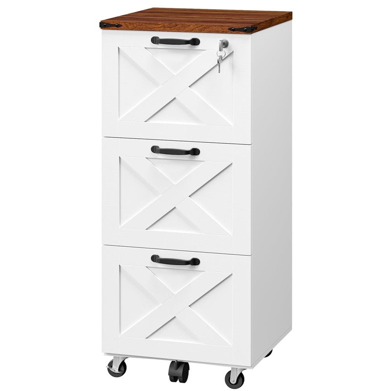 Farmhouse Mobile File Cabinet with Lock & Printer Stand - White & Walnut
