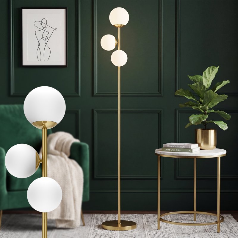 Gold 3-Light Globe Floor Lamp with Frosted Shades - Modern Standing Tree Lamp for Living Room Bedroom