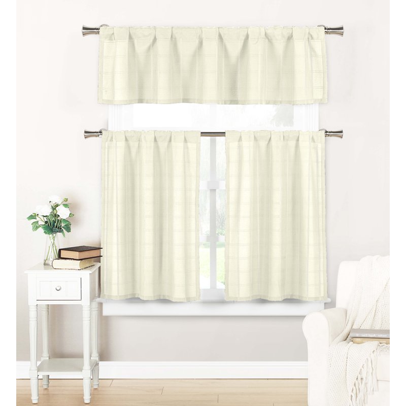 3-Piece Semi-Sheer Plaid Window Curtain Set with Valance & Tiers - Off-White