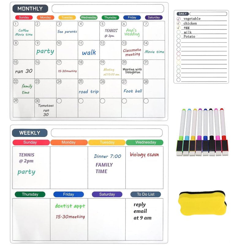 Magnetic Dry Erase Calendar Set for Refrigerator & Wall - Monthly Weekly Daily Planner