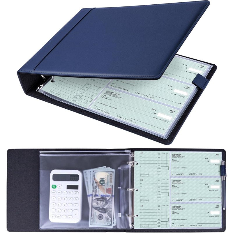 3 Ring Checkbook Binder with Zipper Pouch - Small PU Leather Organizer for Checks & Receipts, Navy Blue