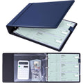 3 Ring Checkbook Binder with Zipper Pouch - Small PU Leather Organizer for Checks & Receipts, Navy Blue