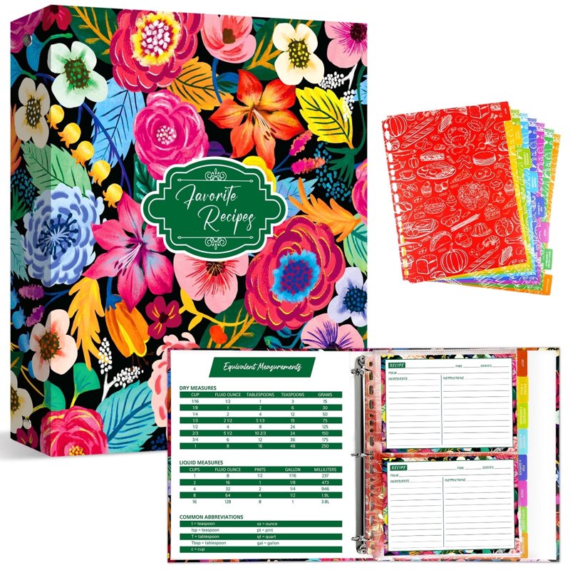 3 Ring Recipe Binder Set with Plastic Sleeves & Recipe Cards - 8.5x11 Inch Organizer, Blooming Flowers Design