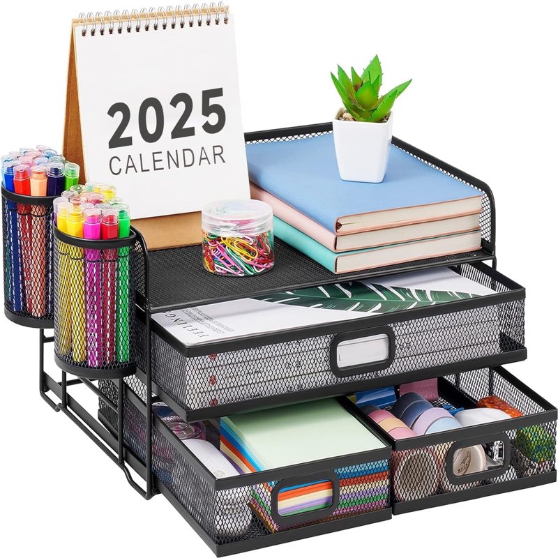 3-Tier Mesh Desk Organizer with Drawer for Office Supplies and Paperwork
