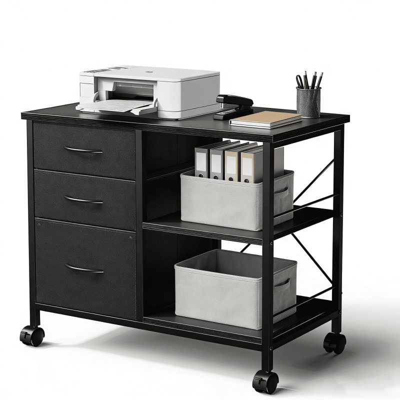 3-Tier Mobile File Cabinet with Lockable Casters and Storage - Rustic Black