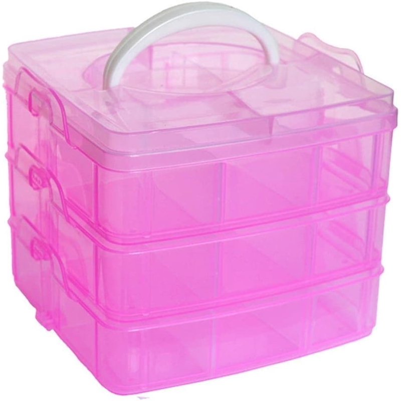 3-Tier Stackable Craft Storage Box with Dividers - Pink Multi-Use Organizer