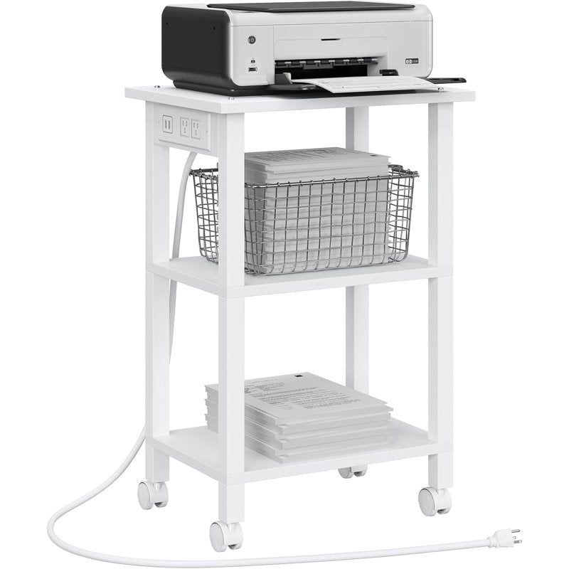 3 Tier Printer Stand with Wheels & Power Outlets - Mobile Office Storage