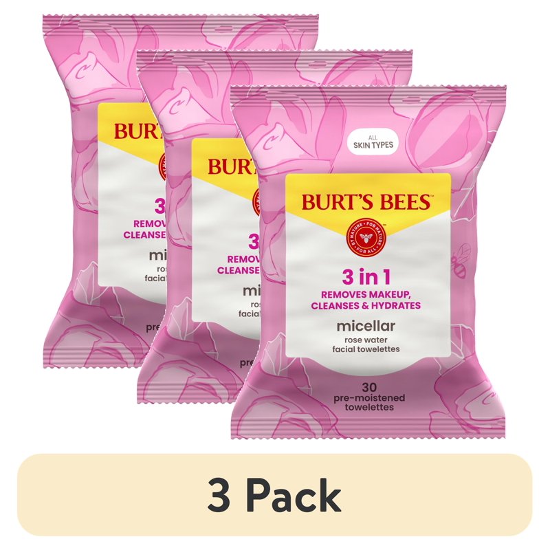 Micellar Rose Water Facial Wipes - Pack of 3, 30 Count Each, Gentle Makeup Remover & Cleanser
