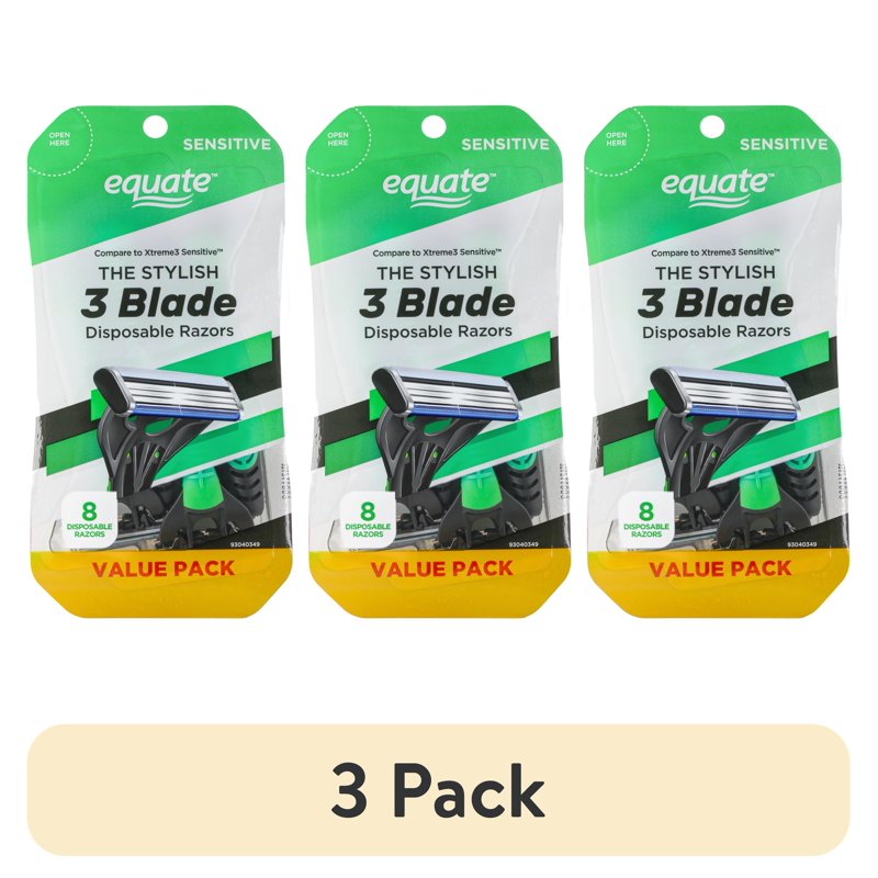 Disposable Razor Set - Men’s 3-Blade Sensitive Shavers, Green & Black, 8 Count