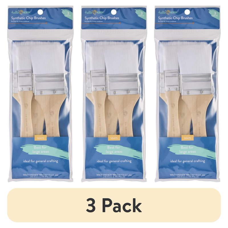 Craft Chip Brush Set - 3 Flat Synthetic Paint Brushes for Art & Crafting