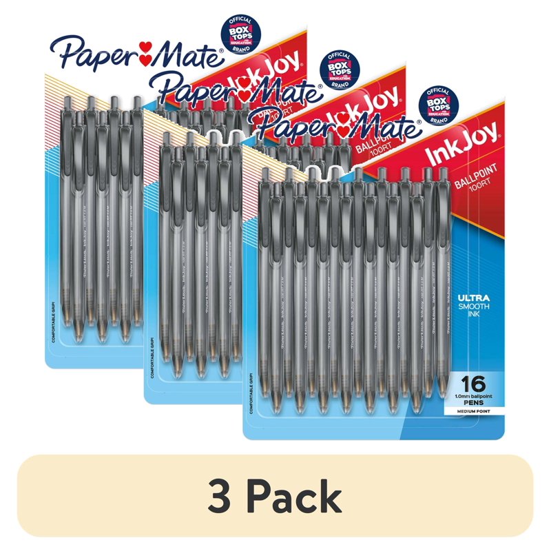 (3 Pack) Paper Mate InkJoy 100RT Retractable Ballpoint Pens - Black Ink, Medium Point