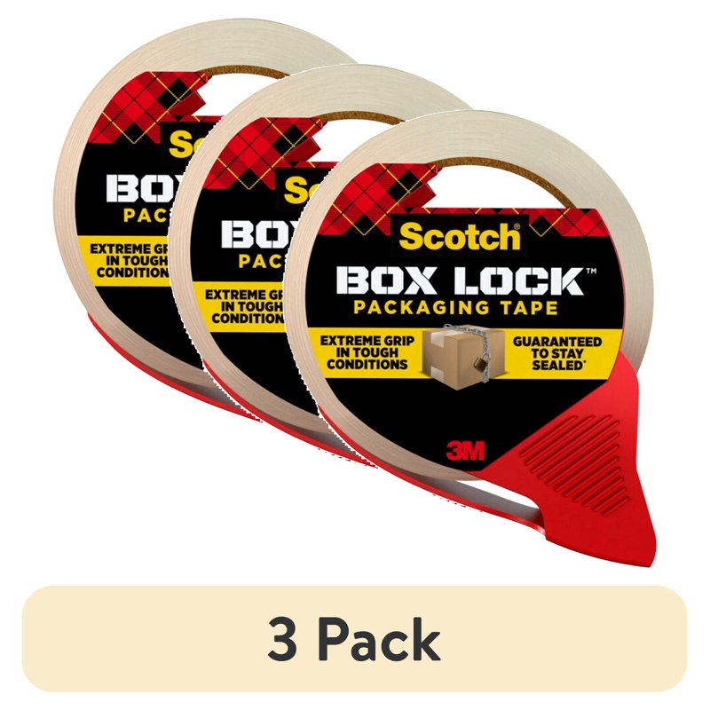 (3 Pack) Scotch Box Lock Packaging Tape with Dispenser, Clear 1.88 in x 38.2 yd