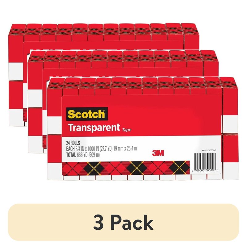(3 Pack) Scotch Transparent Tape 3/4 in x 1000 in – 24 Boxes, Gift-Wrap & Office Use