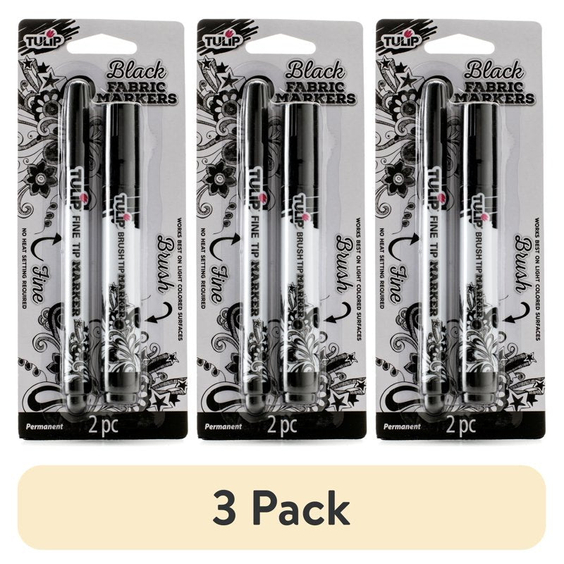 3 Pack Fabric Markers with Fine and Brush Tips - Permanent & Washable