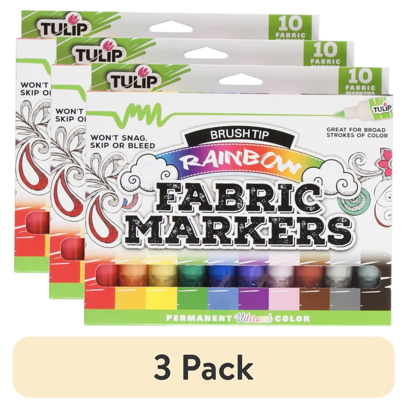 Rainbow Fabric Markers Set - 10 Brush Tip Markers for Textiles, Washable, Permanent