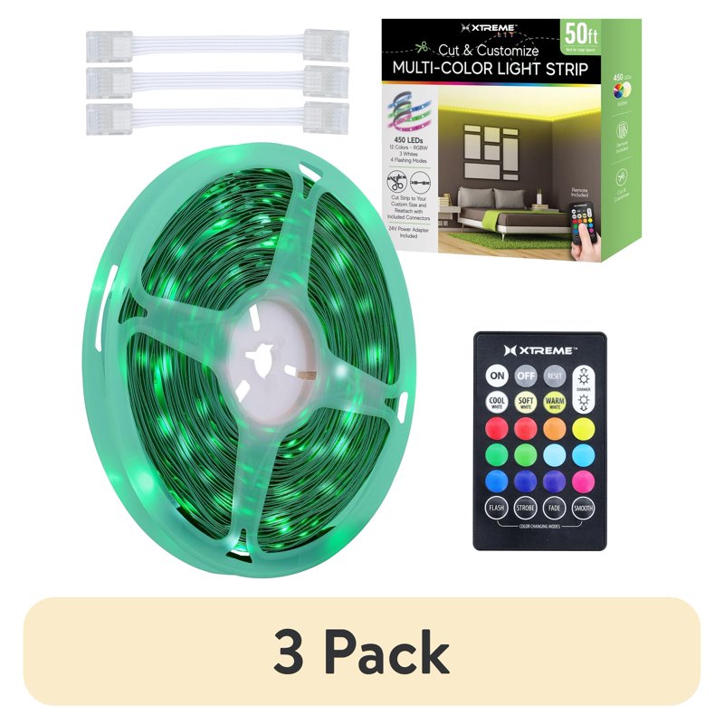 Indoor Multicolor LED Strip Lights Kit - 50ft Cuttable RGB Light with Remote Control